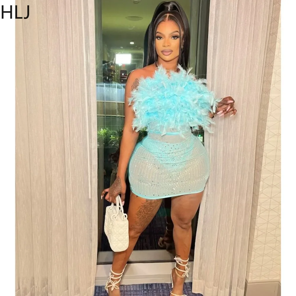 HLJ Feather Rhinestone Woman Evening Party Mini Dress Dimonds Mesh Patchwork Sexy Strap Dress Women Elegant Birthday Club Outfit - Image 3
