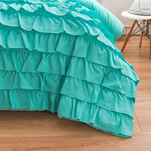 Holawakaka Aqua Waterfall Ruffle Comforter Set Queen Size Multi-Layers Ruffled Shabby Chic 3PCS Bedding Set for Girls Women - Image 8
