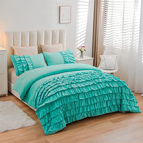 Holawakaka Aqua Waterfall Ruffle Comforter Set Queen Size Multi-Layers Ruffled Shabby Chic 3PCS Bedding Set for Girls Women - Image 9