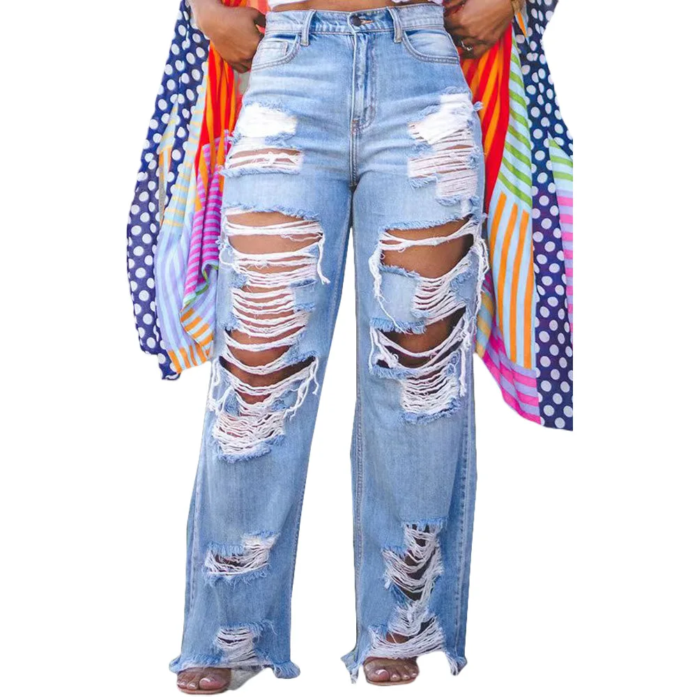 Hole Jeans for Women Ripped Straight Pants Mid Waist Distressed Washed Pockets Vintage Denims 2025 Streetwear Female Trousers - Image 3