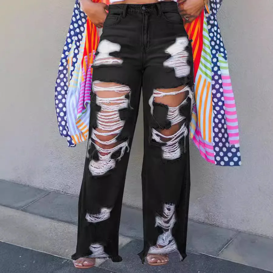 Hole Jeans for Women Ripped Straight Pants Mid Waist Distressed Washed Pockets Vintage Denims 2025 Streetwear Female Trousers - Image 4