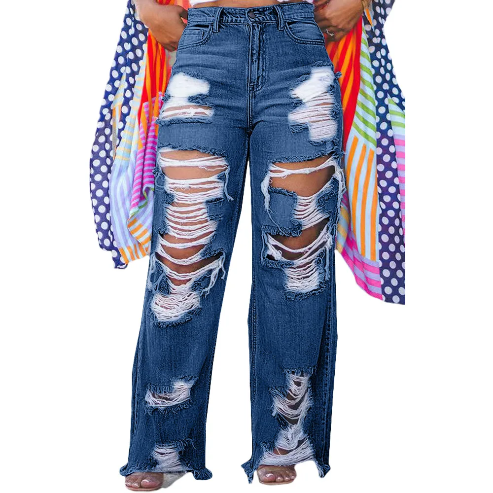 Hole Jeans for Women Ripped Straight Pants Mid Waist Distressed Washed Pockets Vintage Denims 2025 Streetwear Female Trousers - Image 5