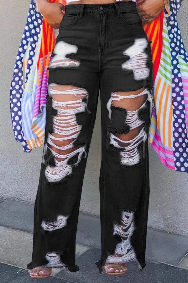Hole Jeans for Women Ripped Straight Pants Mid Waist Distressed Washed Pockets Vintage Denims 2025 Streetwear Female Trousers - Image 7