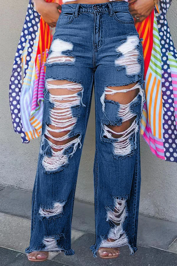 Hole Jeans for Women Ripped Straight Pants Mid Waist Distressed Washed Pockets Vintage Denims 2025 Streetwear Female Trousers - Image 8