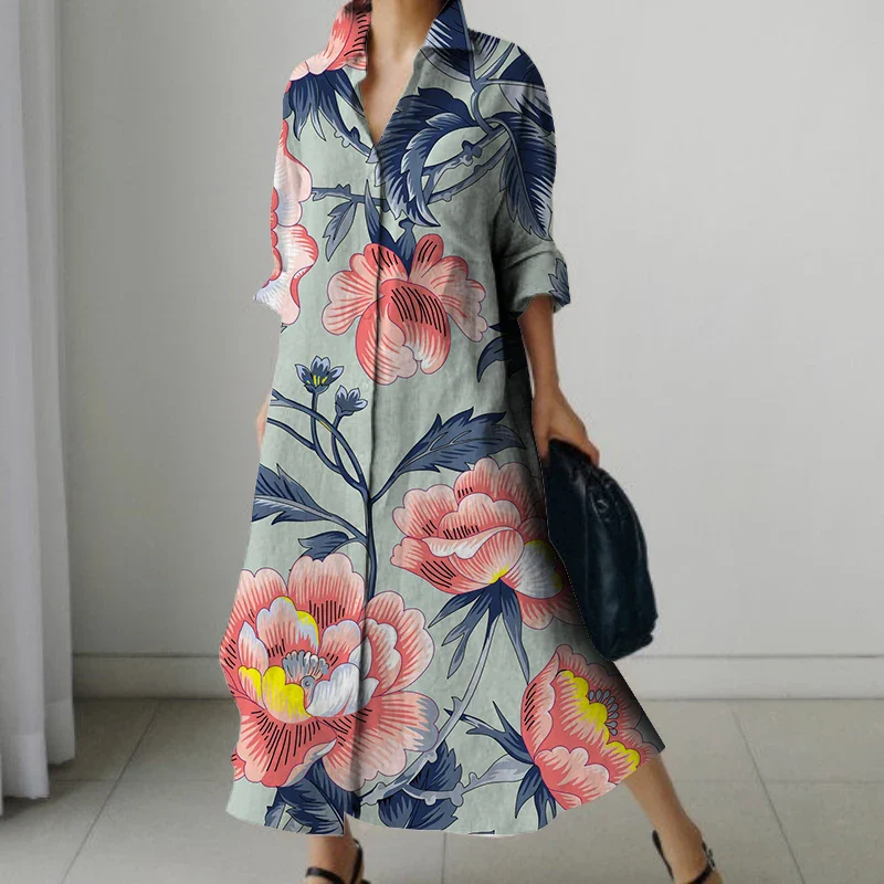Holiday Summer Extra Long Dress Women's Fashion Long Sleeve Nightgown Vintage Printed V Neck Sundress Casual Loose Shirt Dresses - Image 2