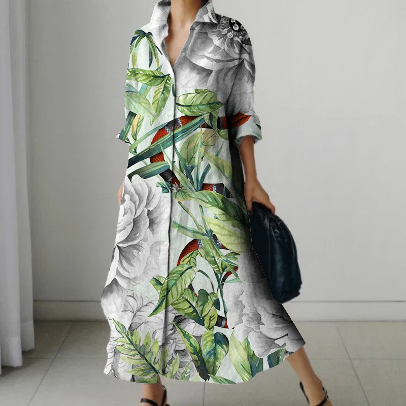 Holiday Summer Extra Long Dress Women's Fashion Long Sleeve Nightgown Vintage Printed V Neck Sundress Casual Loose Shirt Dresses - Image 3