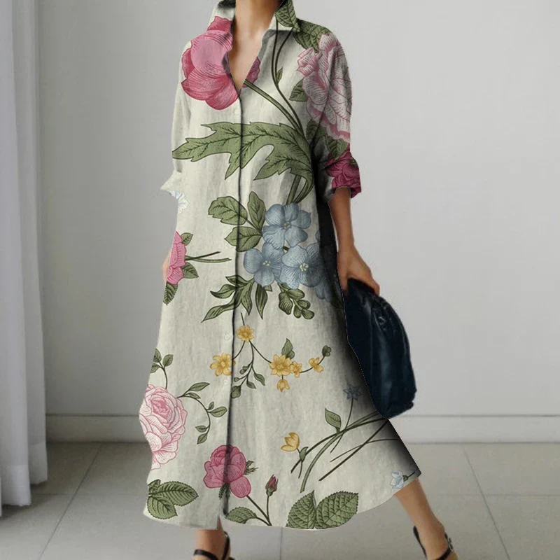 Holiday Summer Extra Long Dress Women's Fashion Long Sleeve Nightgown Vintage Printed V Neck Sundress Casual Loose Shirt Dresses - Image 7