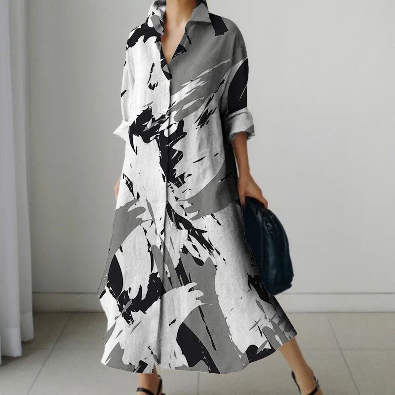Holiday Summer Extra Long Dress Women's Fashion Long Sleeve Nightgown Vintage Printed V Neck Sundress Casual Loose Shirt Dresses - Image 8