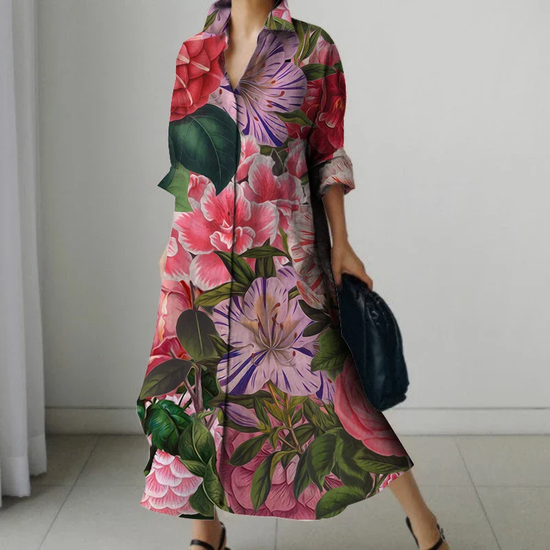 Holiday Summer Extra Long Dress Women's Fashion Long Sleeve Nightgown Vintage Printed V Neck Sundress Casual Loose Shirt Dresses - Image 9