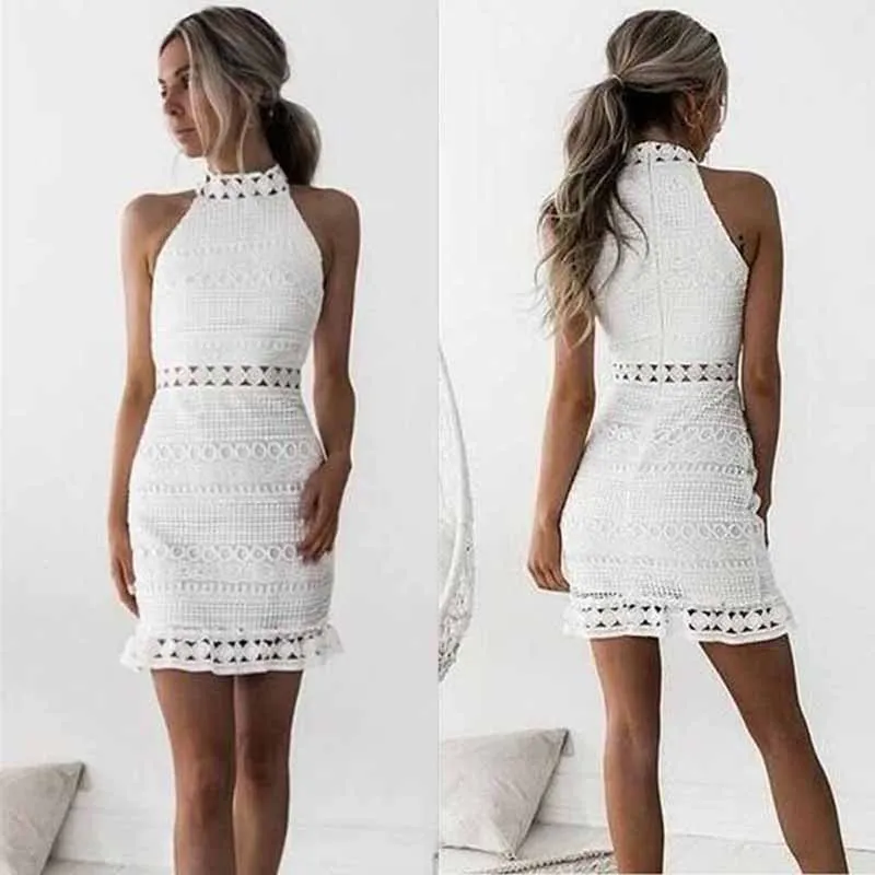 Hollow Out White Dress Sexy Women Mini Chiffon Dress Plunge round-Neck Sleeveless Crochet Lace Dress Black - Image 3