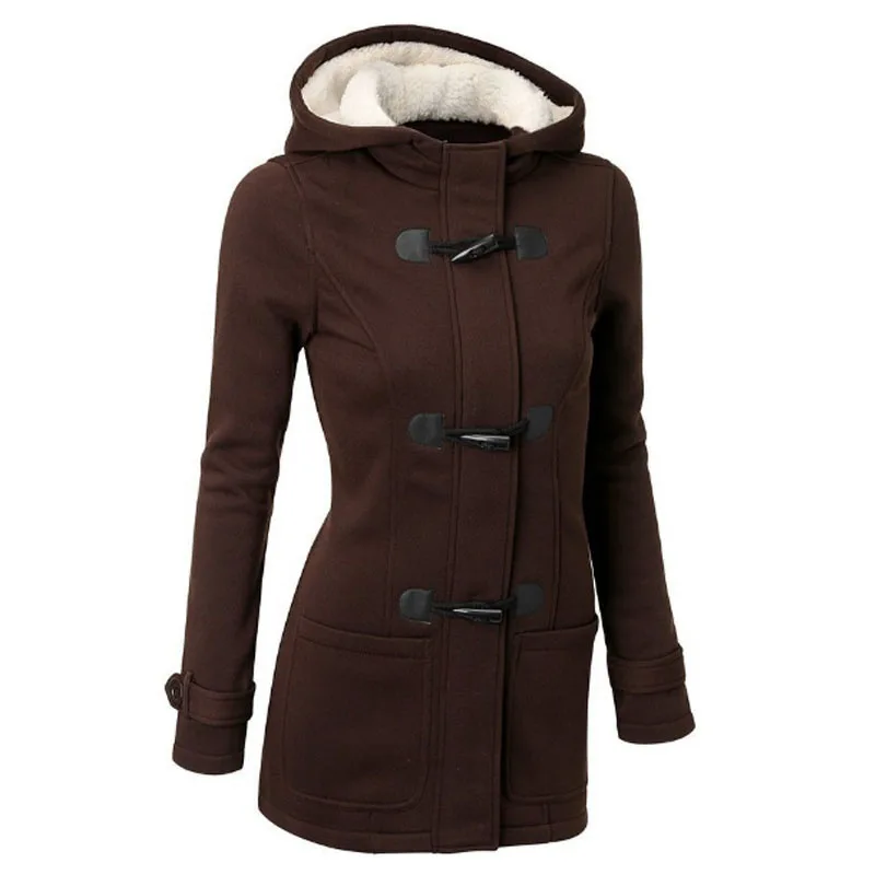 Hooded Cotton Blend Classic Horn Leather Buckle Coat Jacket Cotton Coat Women - Image 29