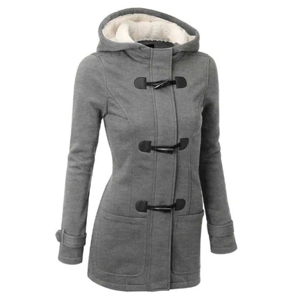 Hooded Cotton Blend Classic Horn Leather Buckle Coat Jacket Cotton Coat Women - Image 3