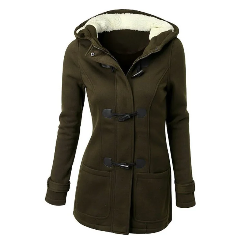 Hooded Cotton Blend Classic Horn Leather Buckle Coat Jacket Cotton Coat Women - Image 52