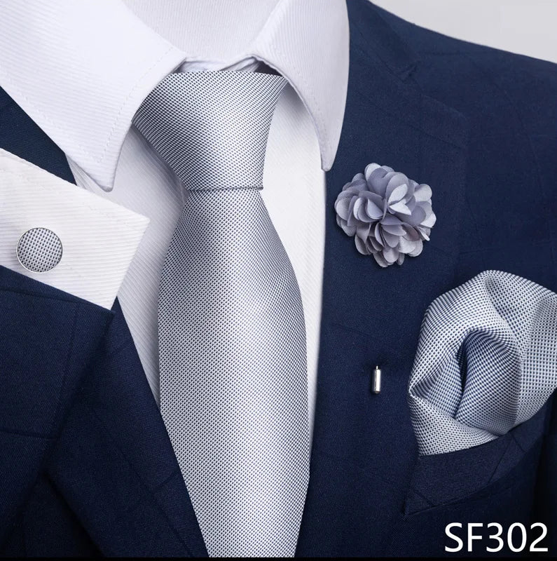 Hot Sale Luxury 8 cm Blue Floral Ties Pocket Square Cufflinks Brooch Set For Man Suit Accessories Holiday Gift Fit Formal Party - Image 20