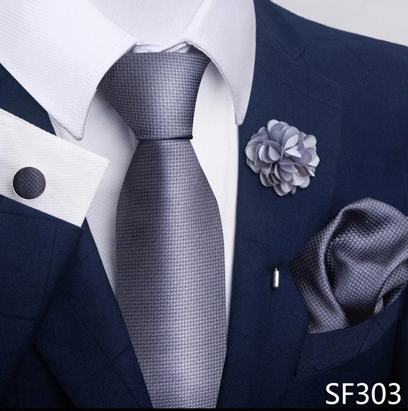 Hot Sale Luxury 8 cm Blue Floral Ties Pocket Square Cufflinks Brooch Set For Man Suit Accessories Holiday Gift Fit Formal Party - Image 21