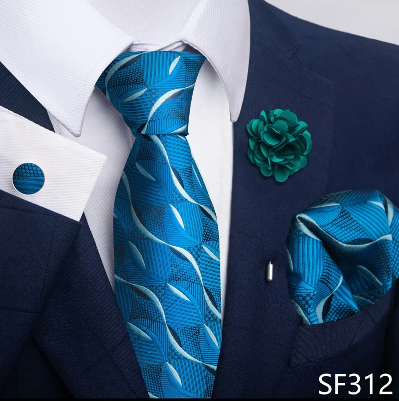 Hot Sale Luxury 8 cm Blue Floral Ties Pocket Square Cufflinks Brooch Set For Man Suit Accessories Holiday Gift Fit Formal Party - Image 30