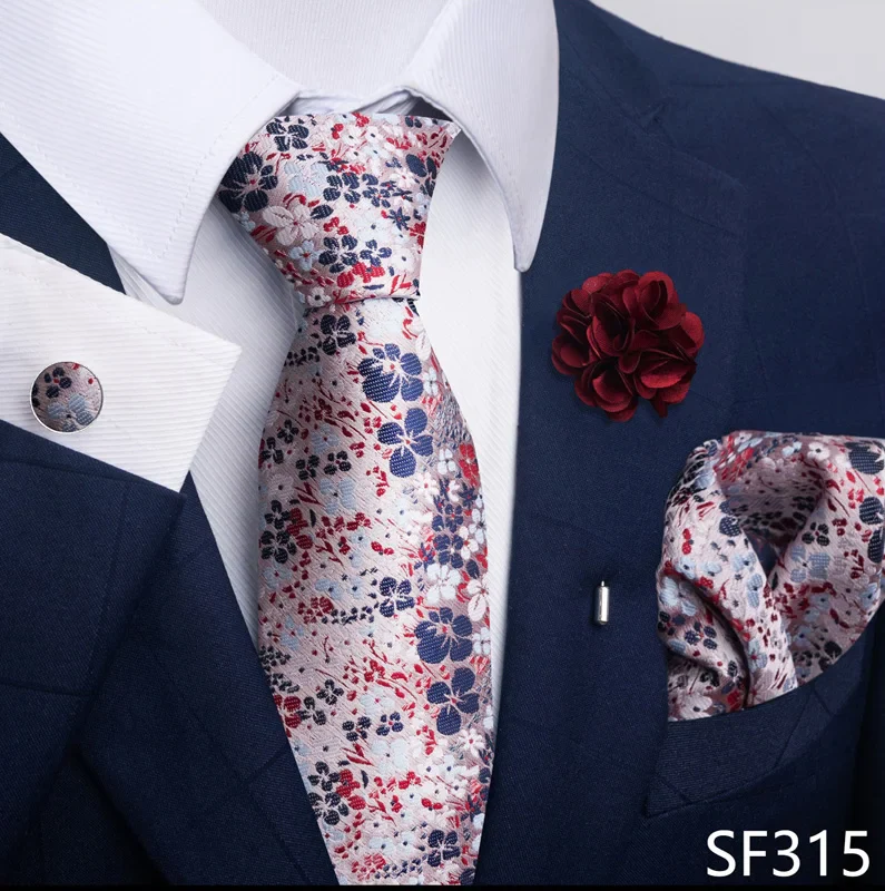 Hot Sale Luxury 8 cm Blue Floral Ties Pocket Square Cufflinks Brooch Set For Man Suit Accessories Holiday Gift Fit Formal Party - Image 33