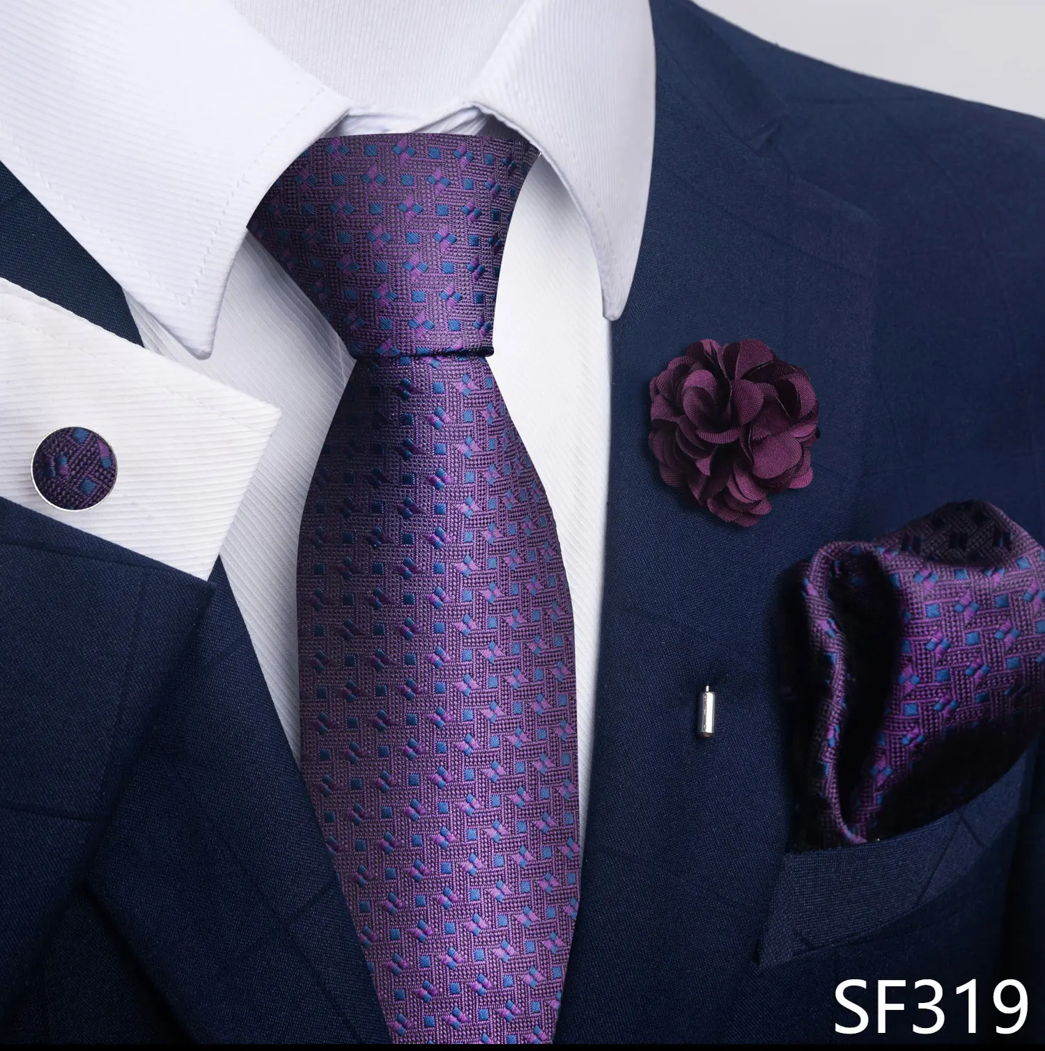 Hot Sale Luxury 8 cm Blue Floral Ties Pocket Square Cufflinks Brooch Set For Man Suit Accessories Holiday Gift Fit Formal Party - Image 37