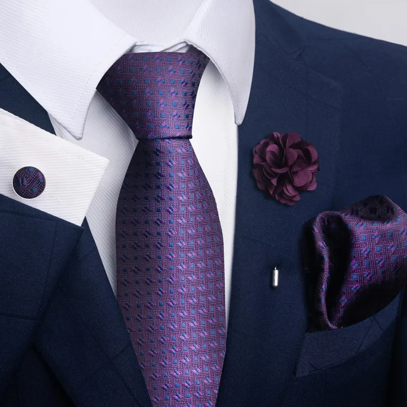 Hot Sale Luxury 8 cm Blue Floral Ties Pocket Square Cufflinks Brooch Set For Man Suit Accessories Holiday Gift Fit Formal Party - Image 38