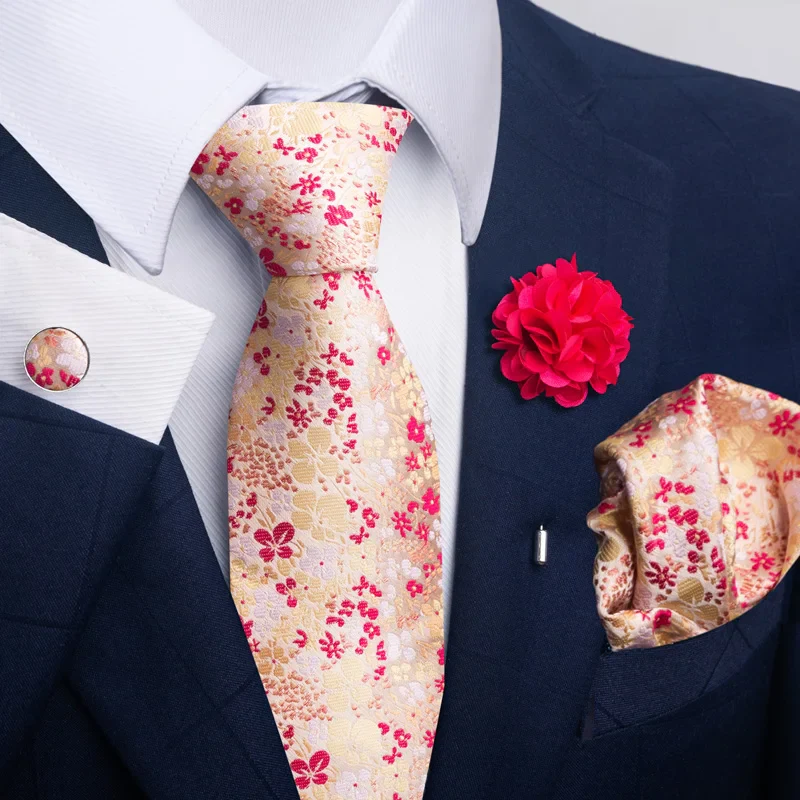 Hot Sale Luxury 8 cm Blue Floral Ties Pocket Square Cufflinks Brooch Set For Man Suit Accessories Holiday Gift Fit Formal Party - Image 39