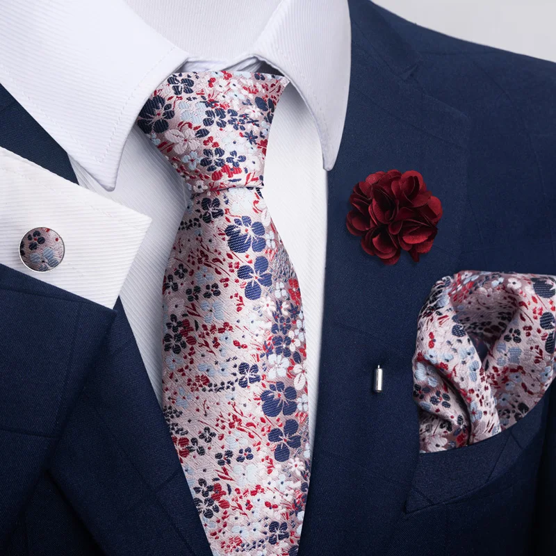 Hot Sale Luxury 8 cm Blue Floral Ties Pocket Square Cufflinks Brooch Set For Man Suit Accessories Holiday Gift Fit Formal Party - Image 41