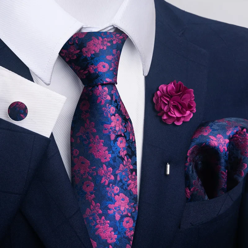 Hot Sale Luxury 8 cm Blue Floral Ties Pocket Square Cufflinks Brooch Set For Man Suit Accessories Holiday Gift Fit Formal Party - Image 46
