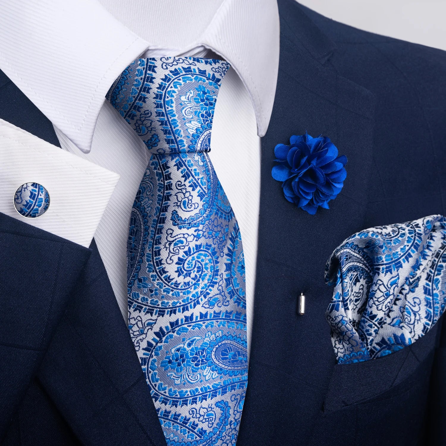 Hot Sale Luxury 8 cm Blue Floral Ties Pocket Square Cufflinks Brooch Set For Man Suit Accessories Holiday Gift Fit Formal Party - Image 5