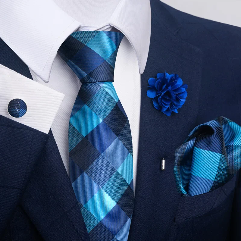 Hot Sale Luxury 8 cm Blue Floral Ties Pocket Square Cufflinks Brooch Set For Man Suit Accessories Holiday Gift Fit Formal Party - Image 56