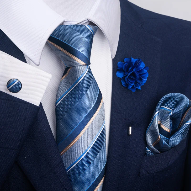 Hot Sale Luxury 8 cm Blue Floral Ties Pocket Square Cufflinks Brooch Set For Man Suit Accessories Holiday Gift Fit Formal Party - Image 65