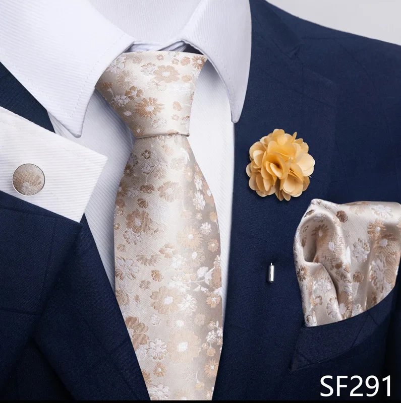 Hot Sale Luxury 8 cm Blue Floral Ties Pocket Square Cufflinks Brooch Set For Man Suit Accessories Holiday Gift Fit Formal Party - Image 9