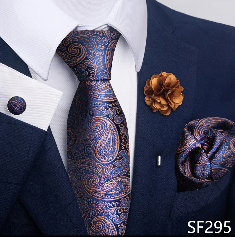 Hot Sale Luxury 8 cm Blue Floral Ties Pocket Square Cufflinks Brooch Set For Man Suit Accessories Holiday Gift Fit Formal Party - Image 13