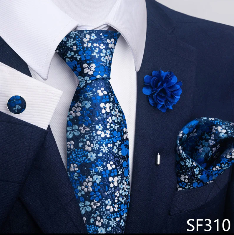Hot Sale Luxury 8 cm Blue Floral Ties Pocket Square Cufflinks Brooch Set For Man Suit Accessories Holiday Gift Fit Formal Party - Image 28
