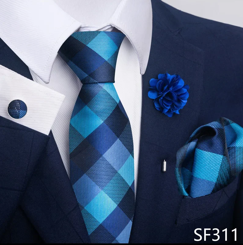 Hot Sale Luxury 8 cm Blue Floral Ties Pocket Square Cufflinks Brooch Set For Man Suit Accessories Holiday Gift Fit Formal Party - Image 29
