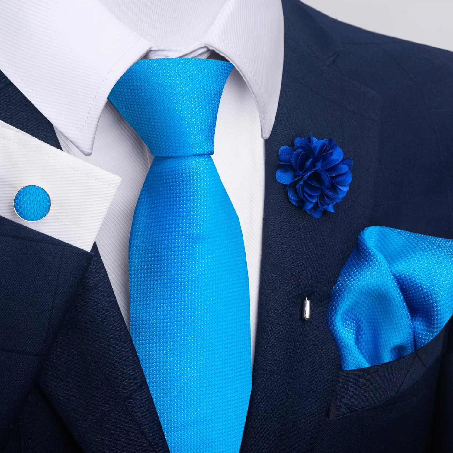 Hot Sale Luxury 8 cm Blue Floral Ties Pocket Square Cufflinks Brooch Set For Man Suit Accessories Holiday Gift Fit Formal Party - Image 4