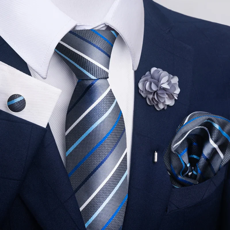 Hot Sale Luxury 8 cm Blue Floral Ties Pocket Square Cufflinks Brooch Set For Man Suit Accessories Holiday Gift Fit Formal Party - Image 45