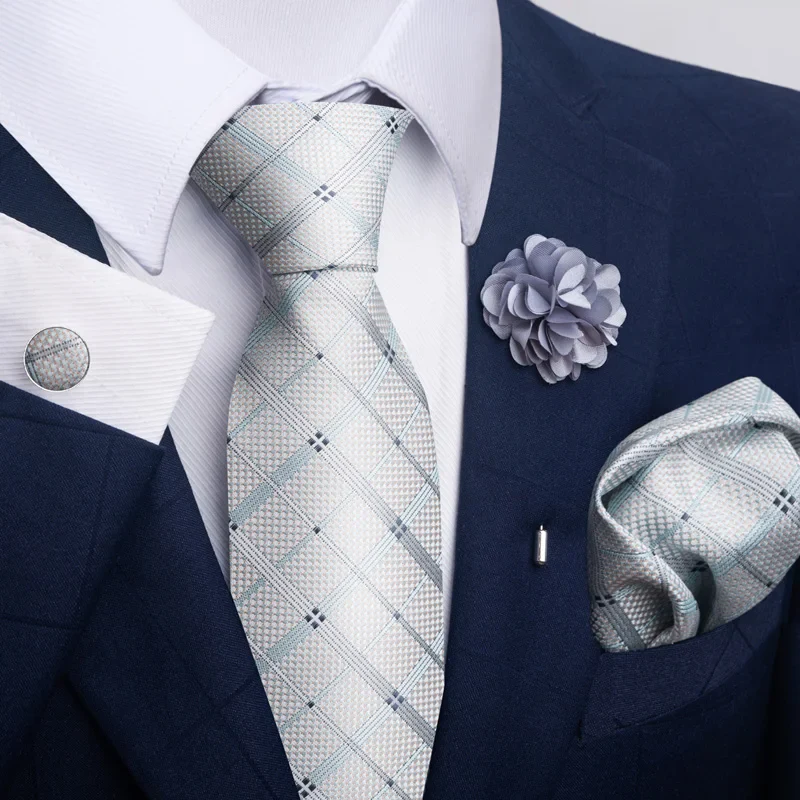 Hot Sale Luxury 8 cm Blue Floral Ties Pocket Square Cufflinks Brooch Set For Man Suit Accessories Holiday Gift Fit Formal Party - Image 50