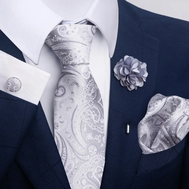Hot Sale Luxury 8 cm Blue Floral Ties Pocket Square Cufflinks Brooch Set For Man Suit Accessories Holiday Gift Fit Formal Party - Image 51