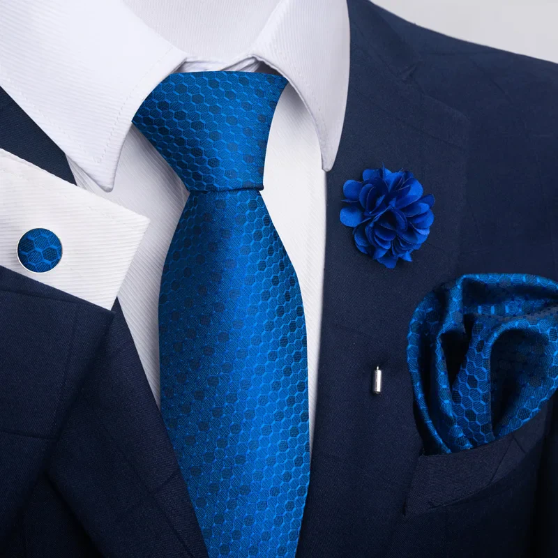 Hot Sale Luxury 8 cm Blue Floral Ties Pocket Square Cufflinks Brooch Set For Man Suit Accessories Holiday Gift Fit Formal Party - Image 57