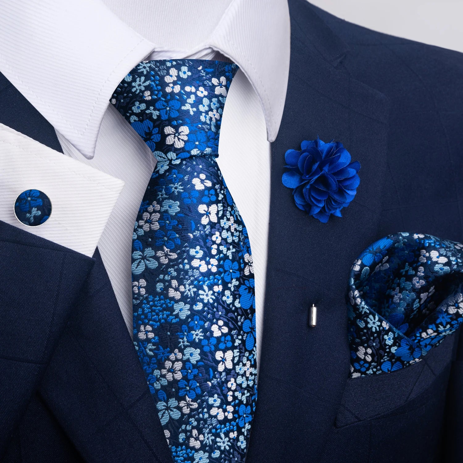 Hot Sale Luxury 8 cm Blue Floral Ties Pocket Square Cufflinks Brooch Set For Man Suit Accessories Holiday Gift Fit Formal Party - Image 6