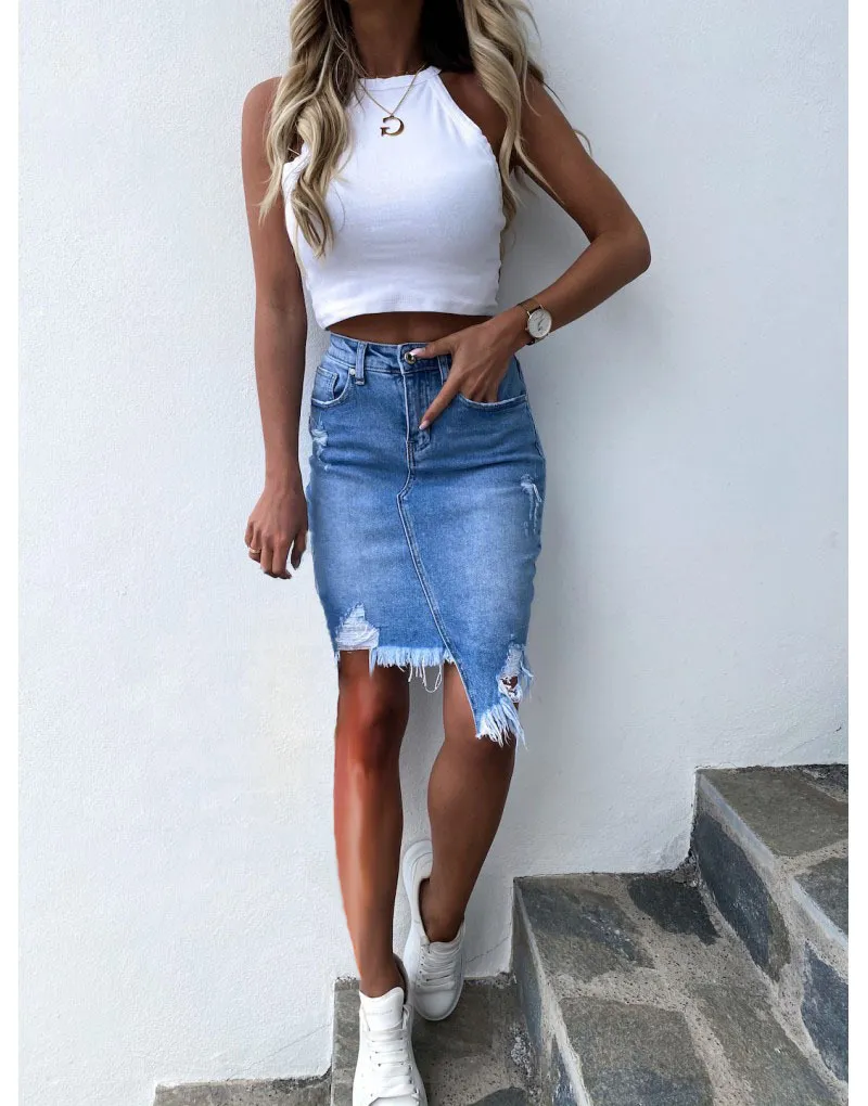 Hot sale summer woman denim skirt trendy irregular Ripped jeans skirt sexy slim Pack hips mini skirt S-XL drop shipping new - Image 2