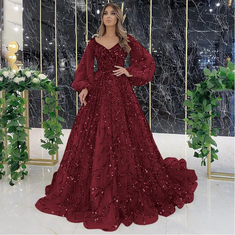 Hot Selling 2024 Elegant Dress V Neck Sequined Skirt Puff Sleeve Backless Sexy Tight Skirt Ladies Evening Party Dress - Image 8