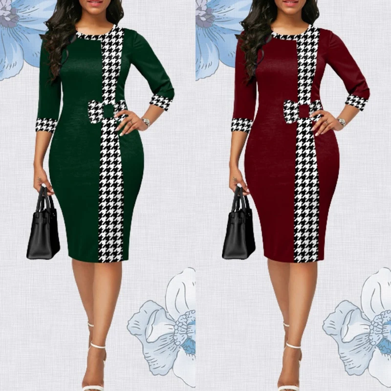 Houndstooth Formal Occasion Dresses Elegant Patchwork Summer Dress Fashion Plus Size Clothes for Women High Waist Party Dresses - Image 11