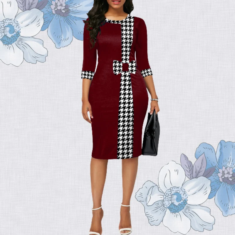Houndstooth Formal Occasion Dresses Elegant Patchwork Summer Dress Fashion Plus Size Clothes for Women High Waist Party Dresses - Image 14