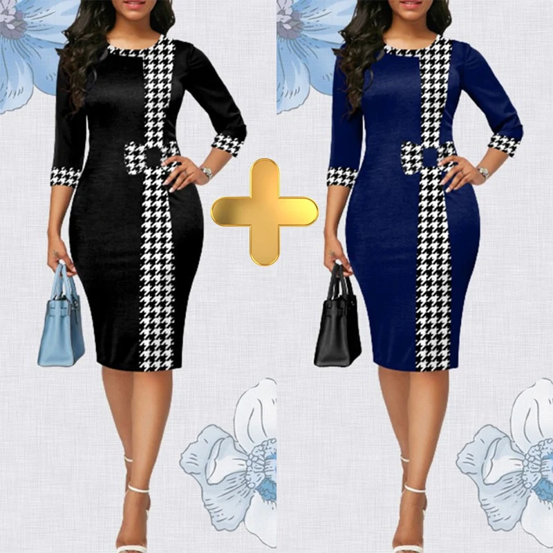 Houndstooth Formal Occasion Dresses Elegant Patchwork Summer Dress Fashion Plus Size Clothes for Women High Waist Party Dresses - Image 2