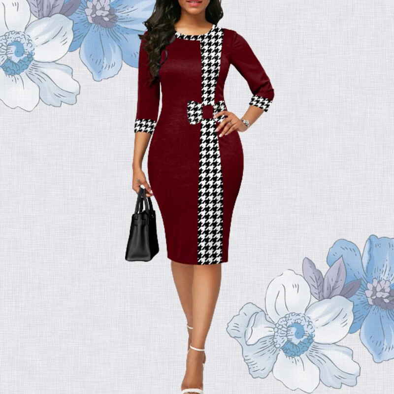 Houndstooth Formal Occasion Dresses Elegant Patchwork Summer Dress Fashion Plus Size Clothes for Women High Waist Party Dresses - Image 4