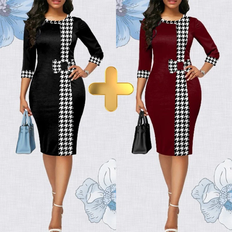Houndstooth Formal Occasion Dresses Elegant Patchwork Summer Dress Fashion Plus Size Clothes for Women High Waist Party Dresses - Image 5