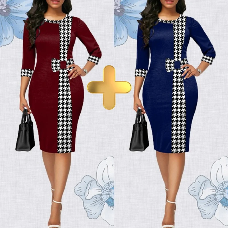Houndstooth Formal Occasion Dresses Elegant Patchwork Summer Dress Fashion Plus Size Clothes for Women High Waist Party Dresses - Image 6