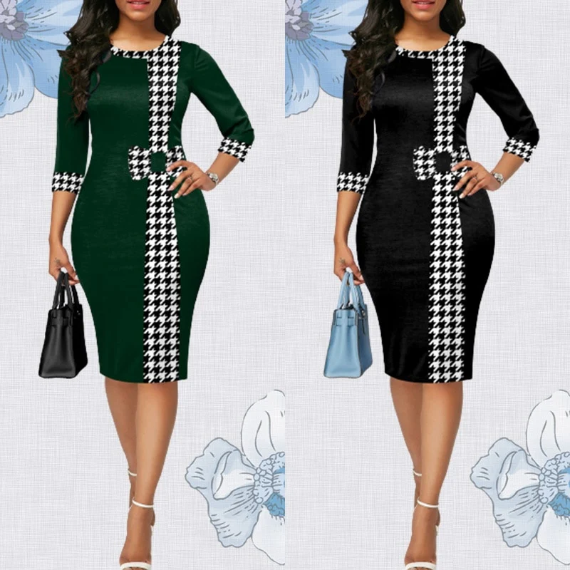 Houndstooth Formal Occasion Dresses Elegant Patchwork Summer Dress Fashion Plus Size Clothes for Women High Waist Party Dresses - Image 7