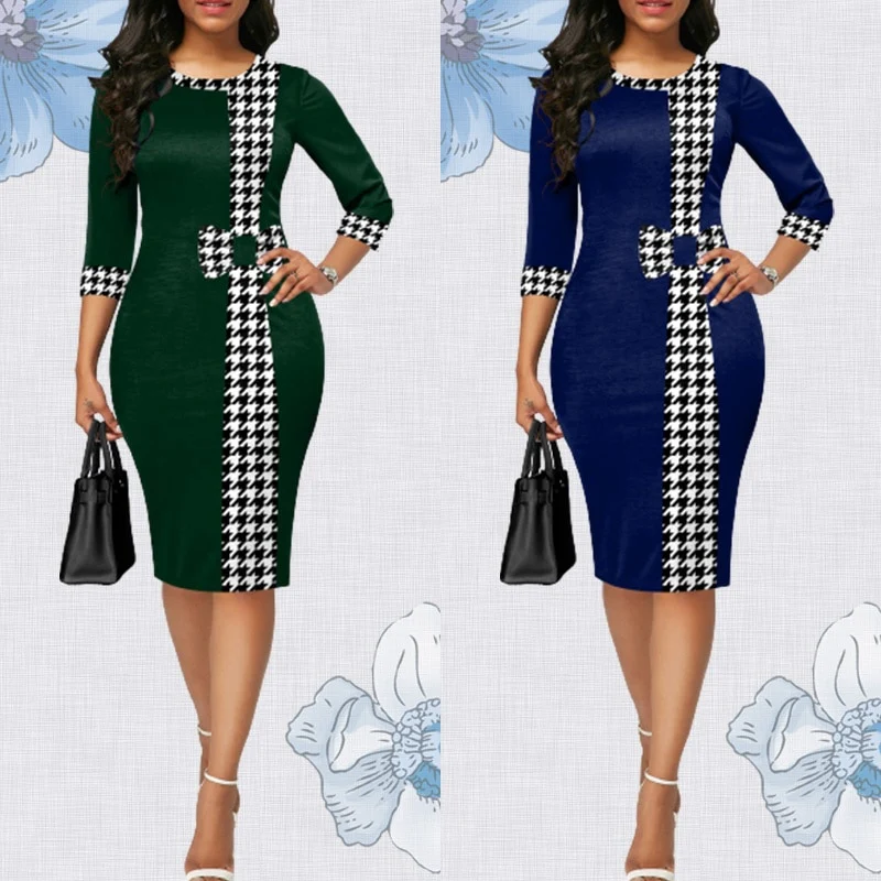 Houndstooth Formal Occasion Dresses Elegant Patchwork Summer Dress Fashion Plus Size Clothes for Women High Waist Party Dresses - Image 9