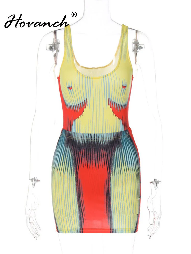 Hovance 3D Printing Two-Piece Women's Sexy Suspender Bodysuit And Mini Tight-Fitting Skirt With 2023 Spring Party Club Clothing - Image 4